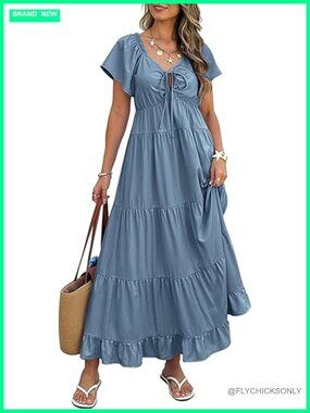 Women's Flutter Short Sleeve V Neck Tie Front Maxi Dress with Pockets Flowy